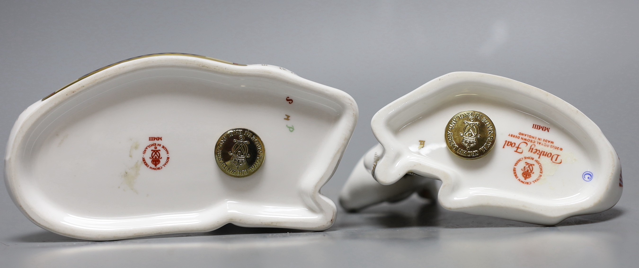 Two Royal Crown Derby paperweights - Donkey and Donkey Foal, both with gold stoppers and boxes, no certificates